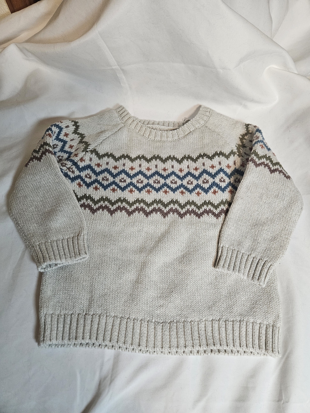 Carter's Cream Fair Isle Crewneck Sweater with Blue & Green Accents Heavyweight
